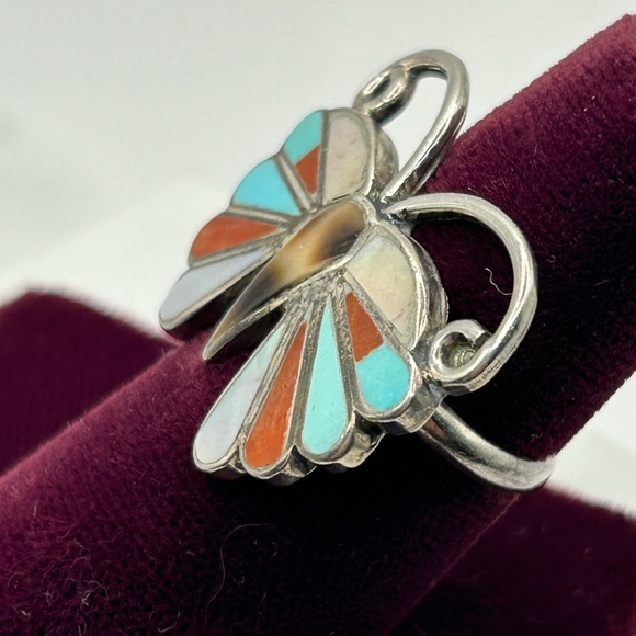 Sterling Silver Turquoise & Coral Chip Butterfly Ring Size 6.75 - Picture 3 of 7